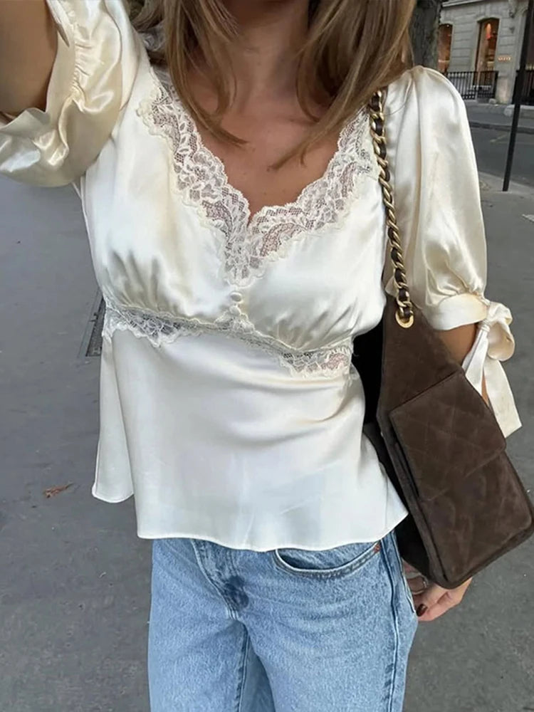 LIZAKOSHT  -  Satin Women's Top Lace Trim Puff Short Sleeve Square Neck Blouse Female Tie Cuff Casual Spring Fashion Chic Short Tops Ladies