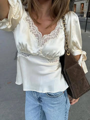 LIZAKOSHT  -  Satin Women's Top Lace Trim Puff Short Sleeve Square Neck Blouse Female Tie Cuff Casual Spring Fashion Chic Short Tops Ladies