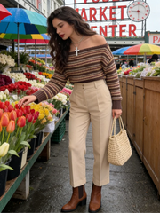 LIZAKOSHT  -  Women's Striped Off-Shoulder Cropped Knit Sweater Full Sleeve Waist Cinching Top 2026 Spring Autumn Female Daily Casual Outings