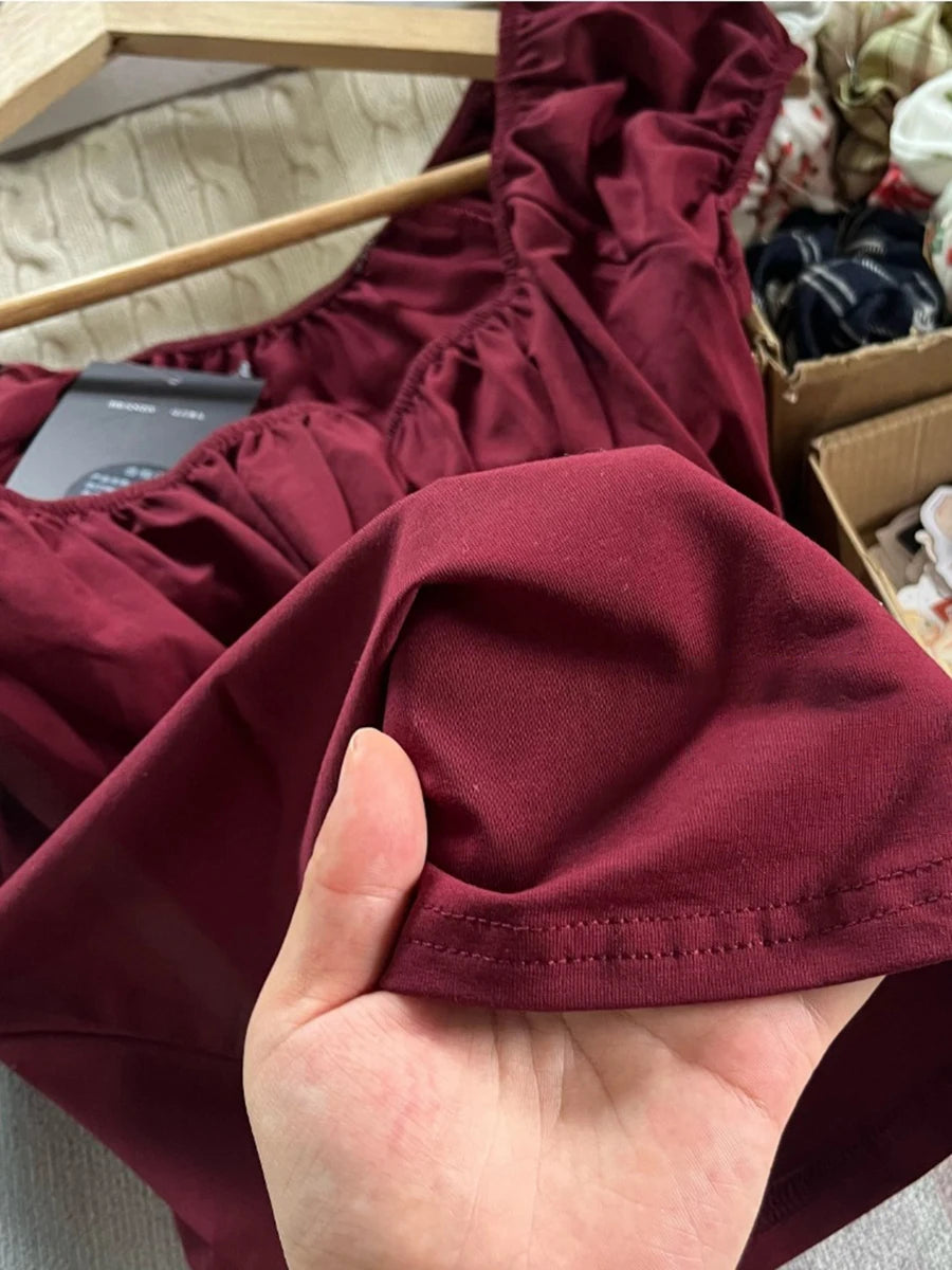 LIZAKOSHT  -  Burgundy Folds Short Sleeve Slim T-shirt Women Summer Sexy Square Collar Cotton T Shirt Solid Simple Sweet Cute New Tee Tops Y2k