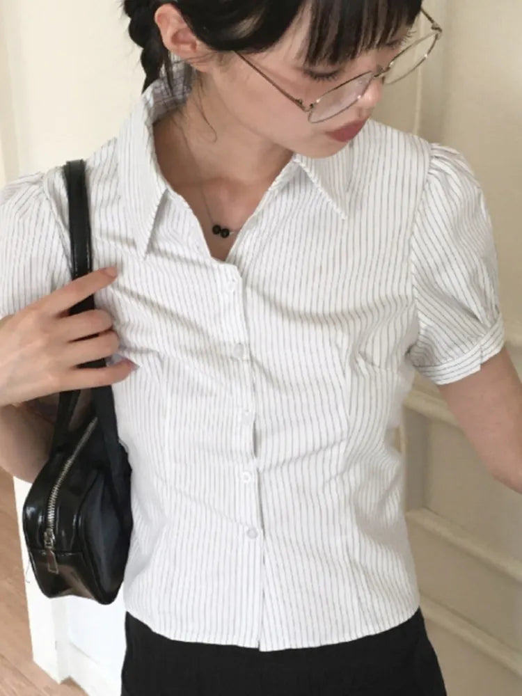 LIZAKOSHT  -  Y2k Clothes Short Blouses Puff Sleeve Spring Summer Vintage Women Shirts Japanese Style Versatile Stripes Blusas Mujer