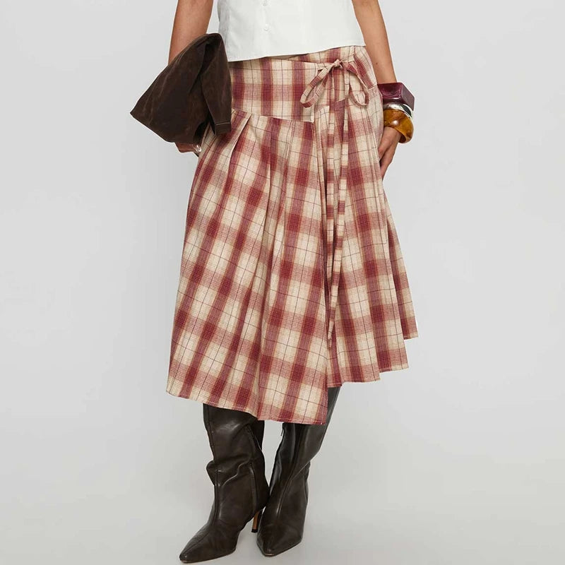 LIZAKOSHT  -  Women Vintage Plaid Midi Skirt Stylish Irregular Hem Bow Tie Pleated Skirts Preppy Cute Y2k Gingham A Line Skirt
