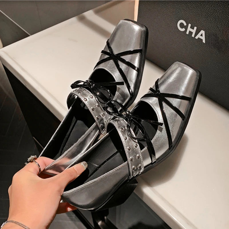 LIZAKOSHT  -  Rivet Platform Mary Jane Shoes Square Toe Pumps Women Winter 2024 New Cross Strap Bow Fashion Chunky Luxury Designer Shoes Women