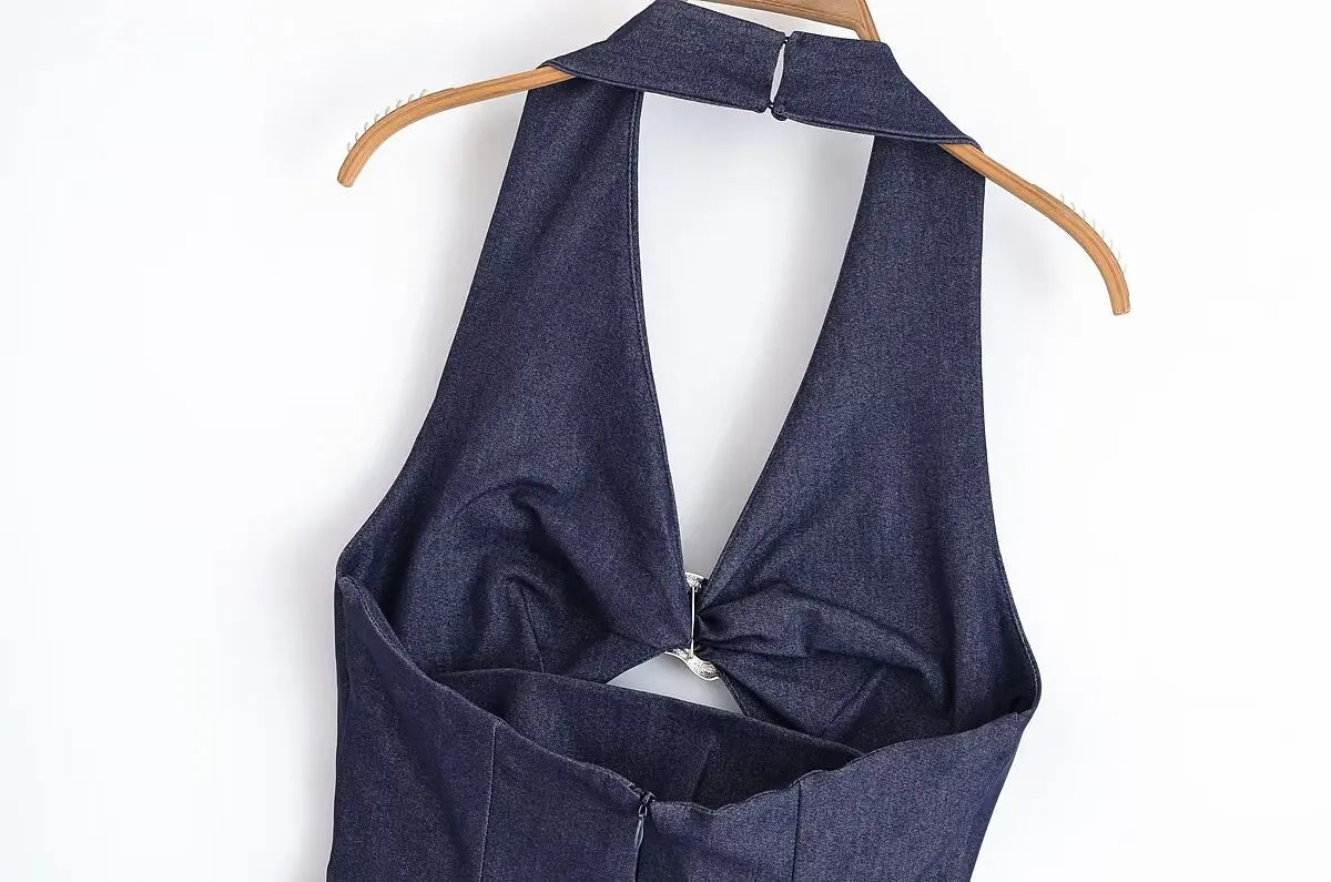 LIZAKOSHT  -  Denim Dress Summer 2025 New Fashion Slim V-neck Hanging Neck Elegant Long Dress Women Street Holiday Chic Youth Party Dress