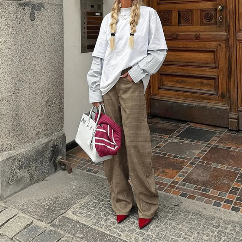 LIZAKOSHT  -  Retro Fashion Street Trousers For Women 2026 Plaid Printing High Waisted Loose Fit Curved Shaped Pants Casual Commuter Wear
