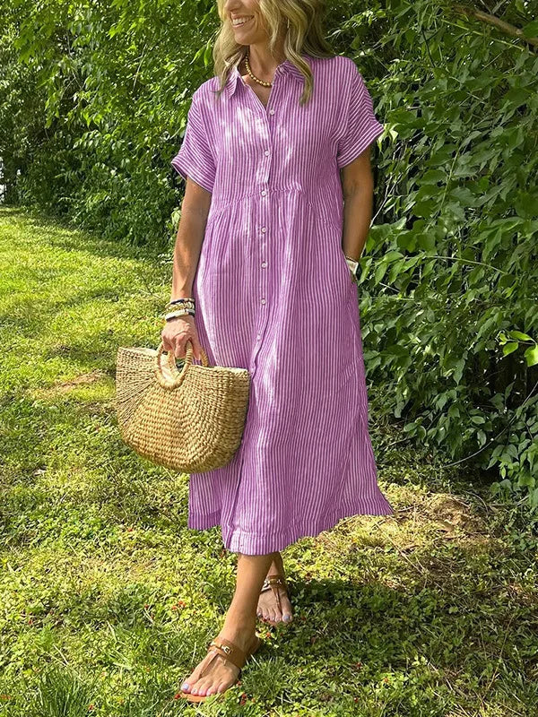 LIZAKOSHT  -  Summer New Women's Striped Dress Shirt Lapel Loose Button Cardigan Pocket Fashion Vacation Casual Street Midi Skirt for Female