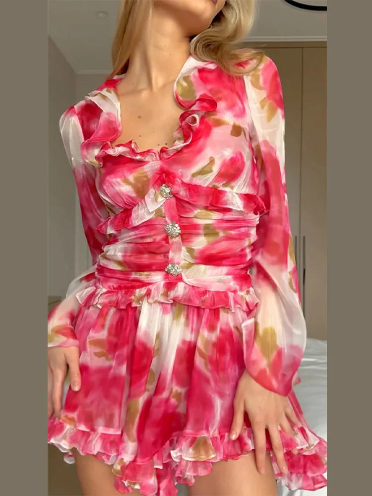 LIZAKOSHT  -  Sexy Tie-dye Print Ruffles Short Dress Women V-neck Flare Full Sleeve A-line High Waist Dresses 2025 Summer Vacation Beach Robes