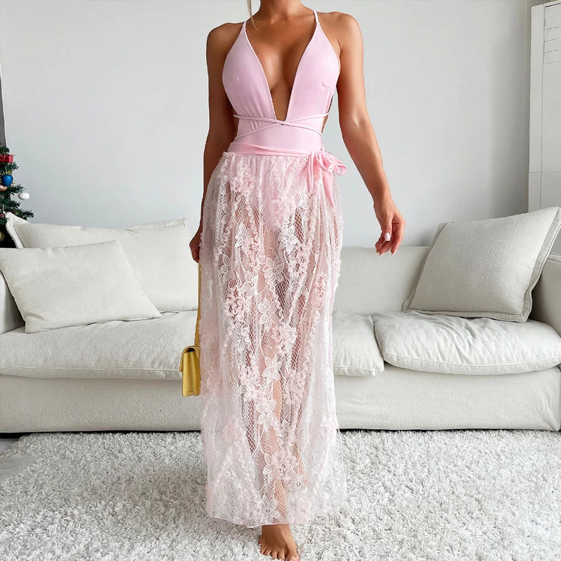 LIZAKOSHT  -  Women Deep V Neck Backless Bandage Cross One Piece Swimsuit Lady Beach Swim Sexy Lace Transparent Skirts & Bodysuit Bikini Set