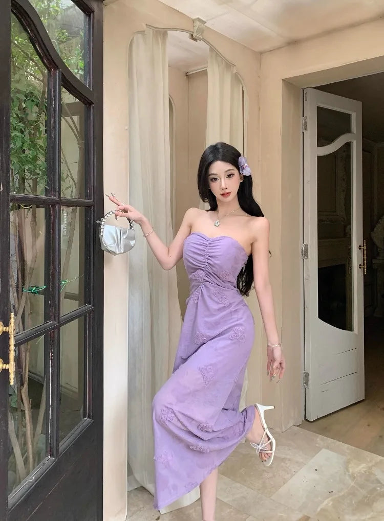 LIZAKOSHT  -  Woman Dress Sweet Sexy Strapless Flowers Slim Backless Vintage Elegant Summer Fashion Party Female Dresses Casual