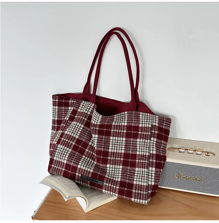 LIZAKOSHT  -  Autumn and Winter Woolen Plaid Shoulder Bag Double Sided Use Handbag Large Capacity Tote Bags For Women