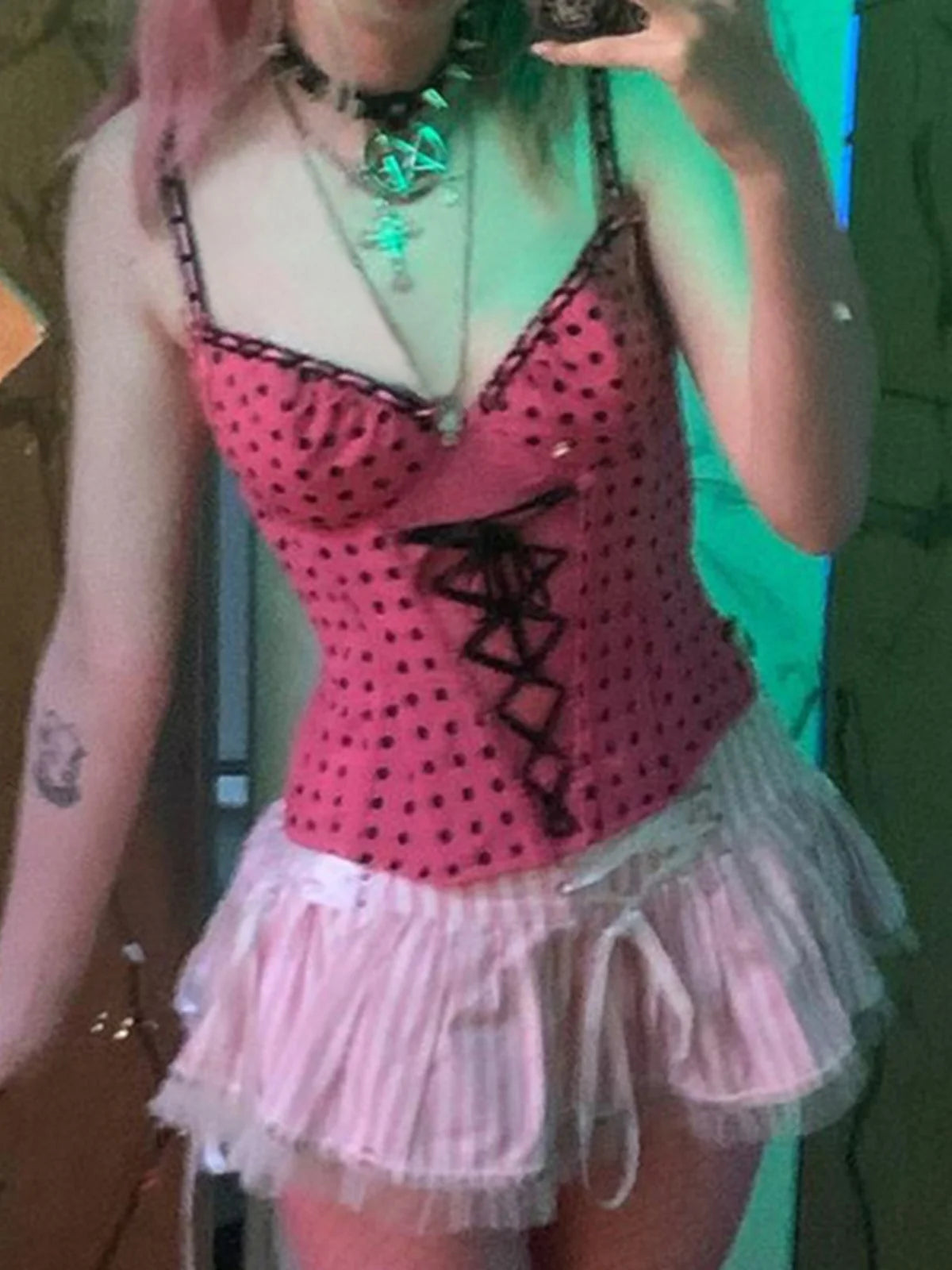 LIZAKOSHT  -  Fashionable Pink and Black Seductive Niche Polka Dot Strap Strap Top+sexy Sweet Striped Pleated Skirt