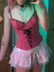 LIZAKOSHT  -  Fashionable Pink and Black Seductive Niche Polka Dot Strap Strap Top+sexy Sweet Striped Pleated Skirt