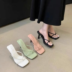 LIZAKOSHT  -  Summer High Heels Slipper Women Sandals French Style Lazy Style Narrow Band Slipper Design Slides Vacation Flip Flops Mujer