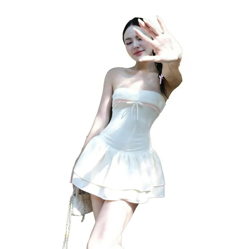 LIZAKOSHT  -  European American Style Summer New Women's Cloth Contrasting Color Splicing One-word Collar Chest-wrapped Ruffle Edge Slim Dress