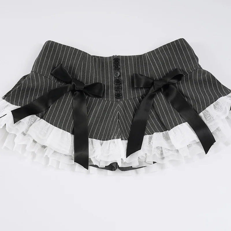 LIZAKOSHT  -  Y2K Style Skirt Bow Lace Striped Half Low Waist Slimming Spicy Girl Short Pleated European American