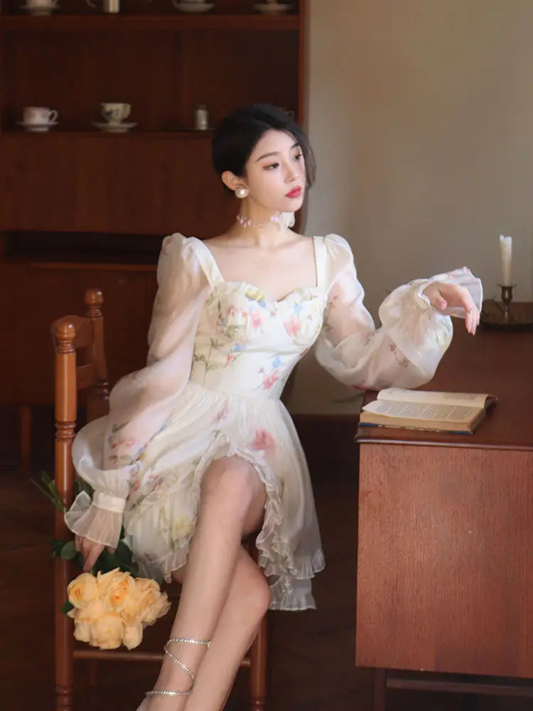 LIZAKOSHT  -  Dress Printed Square Neck Long Sleeve Plus Size Women'S Fat Mm French Spring And Summer Waist Slimming Cake Skirt Floral Skirt