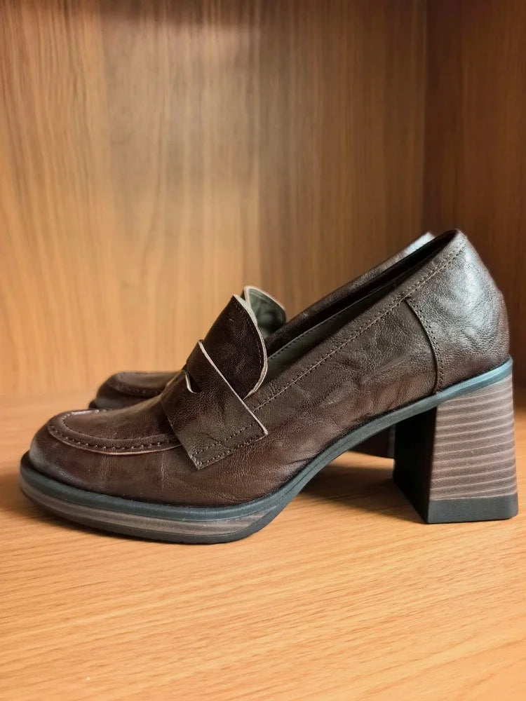 LIZAKOSHT  -  Fashion Shoes New High Quality Genuine Leather Shoes Round Head Coarse Heels High Heels Loafers Shoes Lolita Shoes Women
