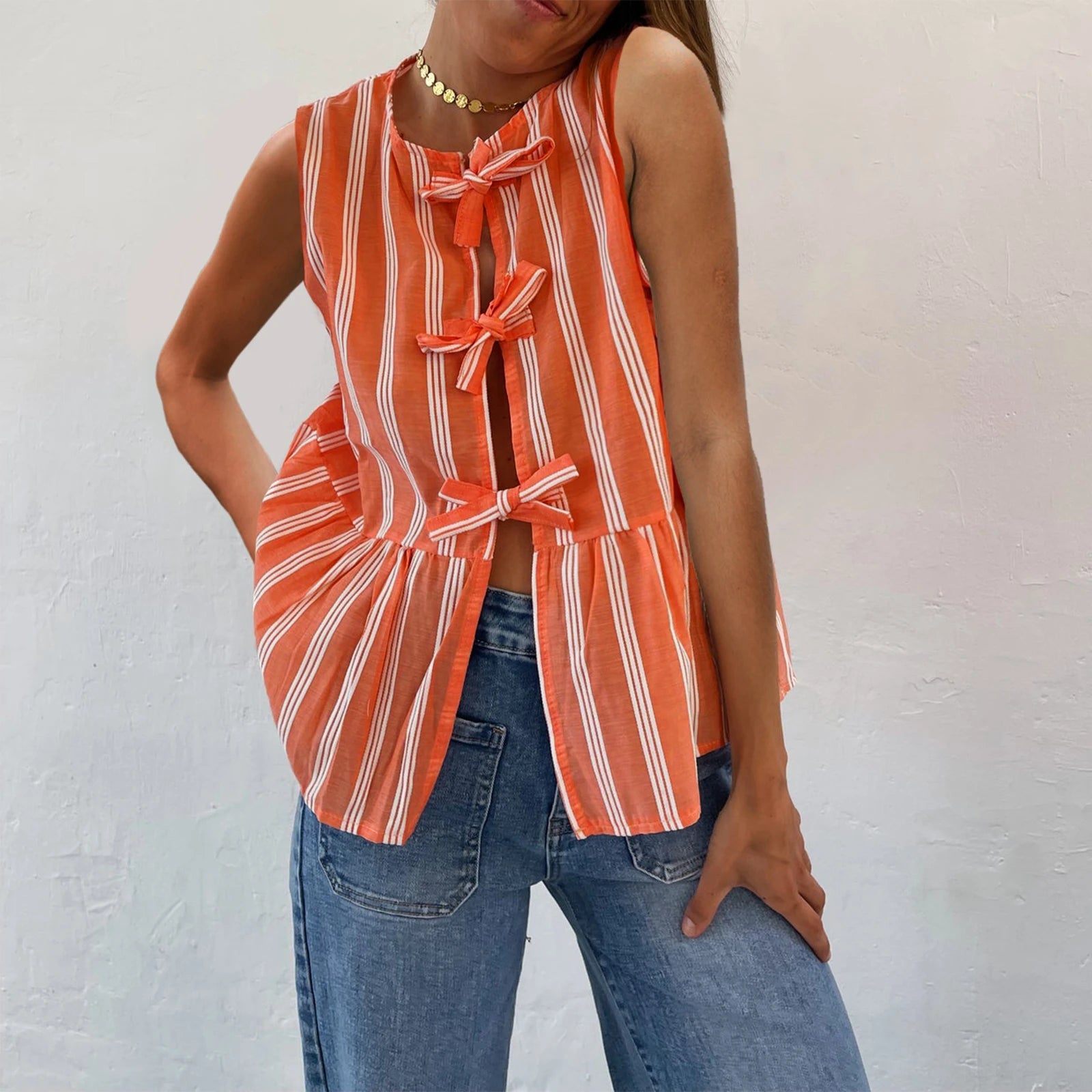 LIZAKOSHT  -  Women Y2k Tie Front Peplum Tank Tops Sleeveless Stripe Crop Tops Babydoll Shirts Summer Cute Tops for Teens Streetwear