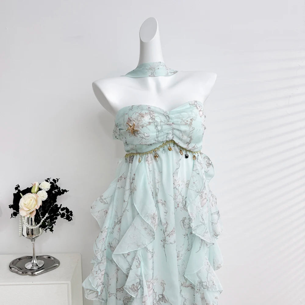 LIZAKOSHT  -  Sweet Lolita Chiffon Midi Dress Women Floral Print Ruffle Layered Halter Strapless Beach Vacation Japanese Fashion Casual Outfit