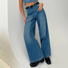 LIZAKOSHT  -  Women's Spring Summer Jeans with Pockets Fashion Loose Fit Casual Solid Low Rise Wide Leg Denim Pants Vintage Streetwear