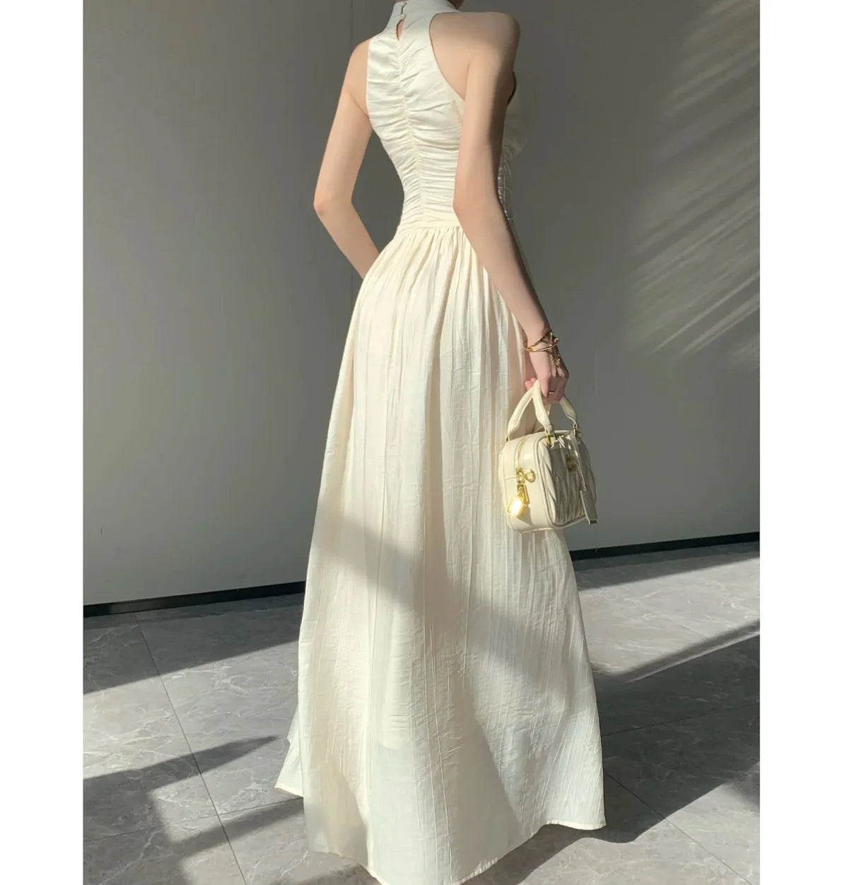 LIZAKOSHT  -  Summer Apricot V Neck Elegant Backless Sexy Club Pleated Vest Long Dress Women High Waist Vacation Slim Evening Party Dress Robe