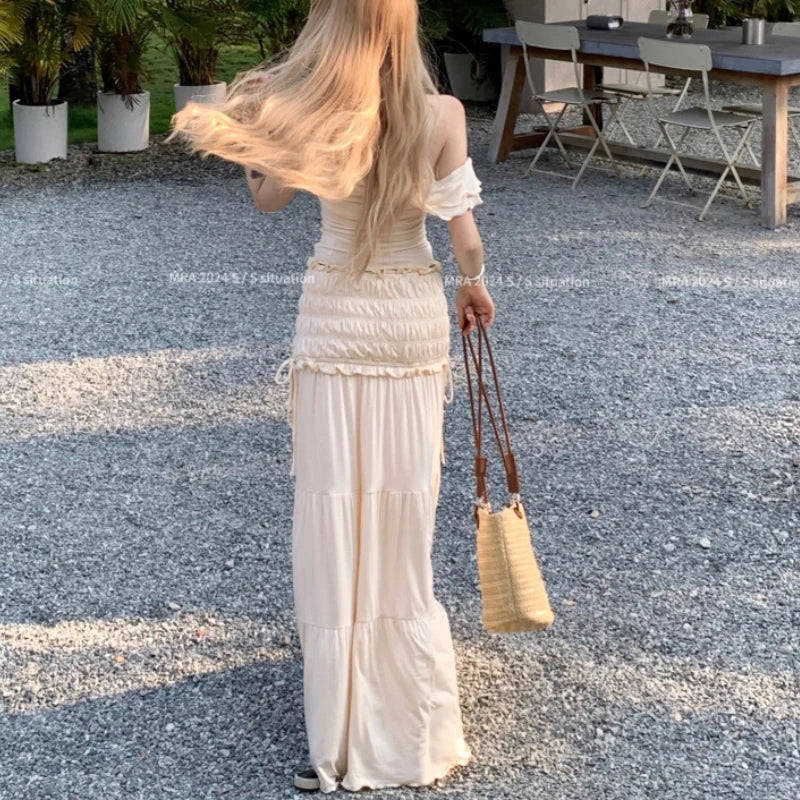 LIZAKOSHT  -  Summer New High Street Lace-up Pleated Solid Color Casual Cake Skirt Women + Sexy Slim Short Sleeve T-shirt Two-piece Suit