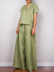 LIZAKOSHT  -  Women's Cotton and Linen Casual Pants Elastic High Waist Full Length Wide Leg Trousers Summer Loose Fit Bottoms