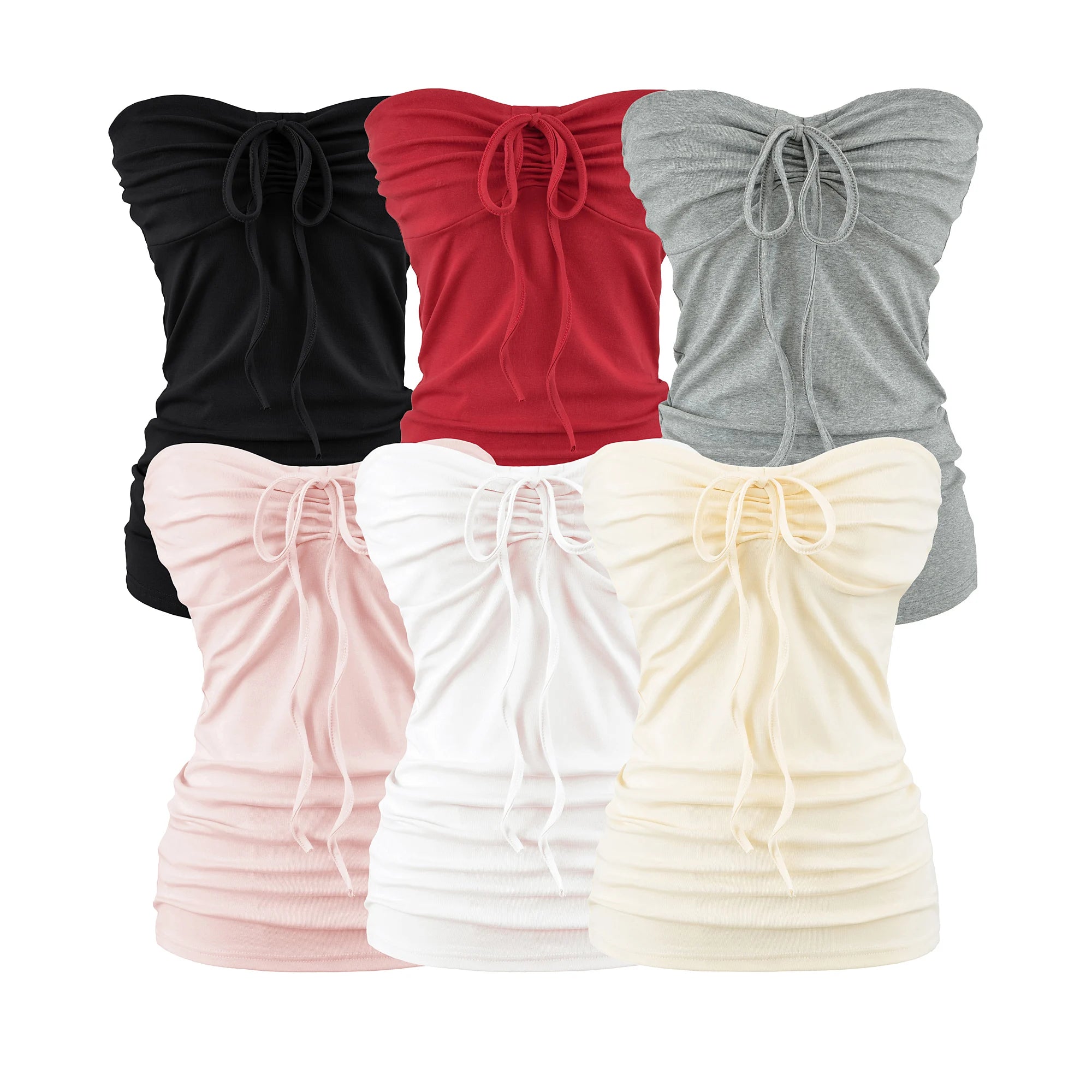 LIZAKOSHT  -  6 colors Summer Sexy Bow Lacing up Drawstring Collar Strapless Camis Women Elastic Back Tank Top Camisoles Skinny Vest Tee Gray