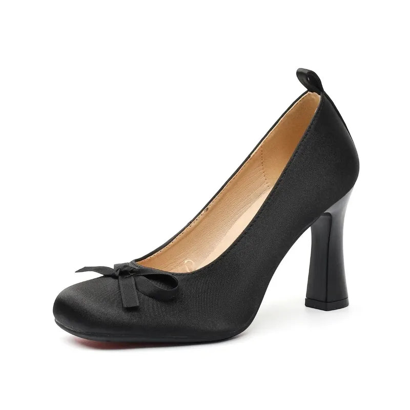 LIZAKOSHT  -  French Fairy Tale Style Ballet Flats High Heels Women's Spring Autumn Bow Tie Silk Round Toe Thin Heel Rubber Bottom Shoes