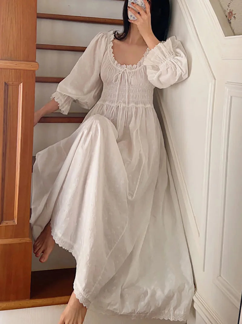 LIZAKOSHT  -  Cotton Embroidery French Languid U-Neck Ruffles Princess Nightgown Lace-up Vintage Fairy Night Dress Spring Pajamas Sleepwear