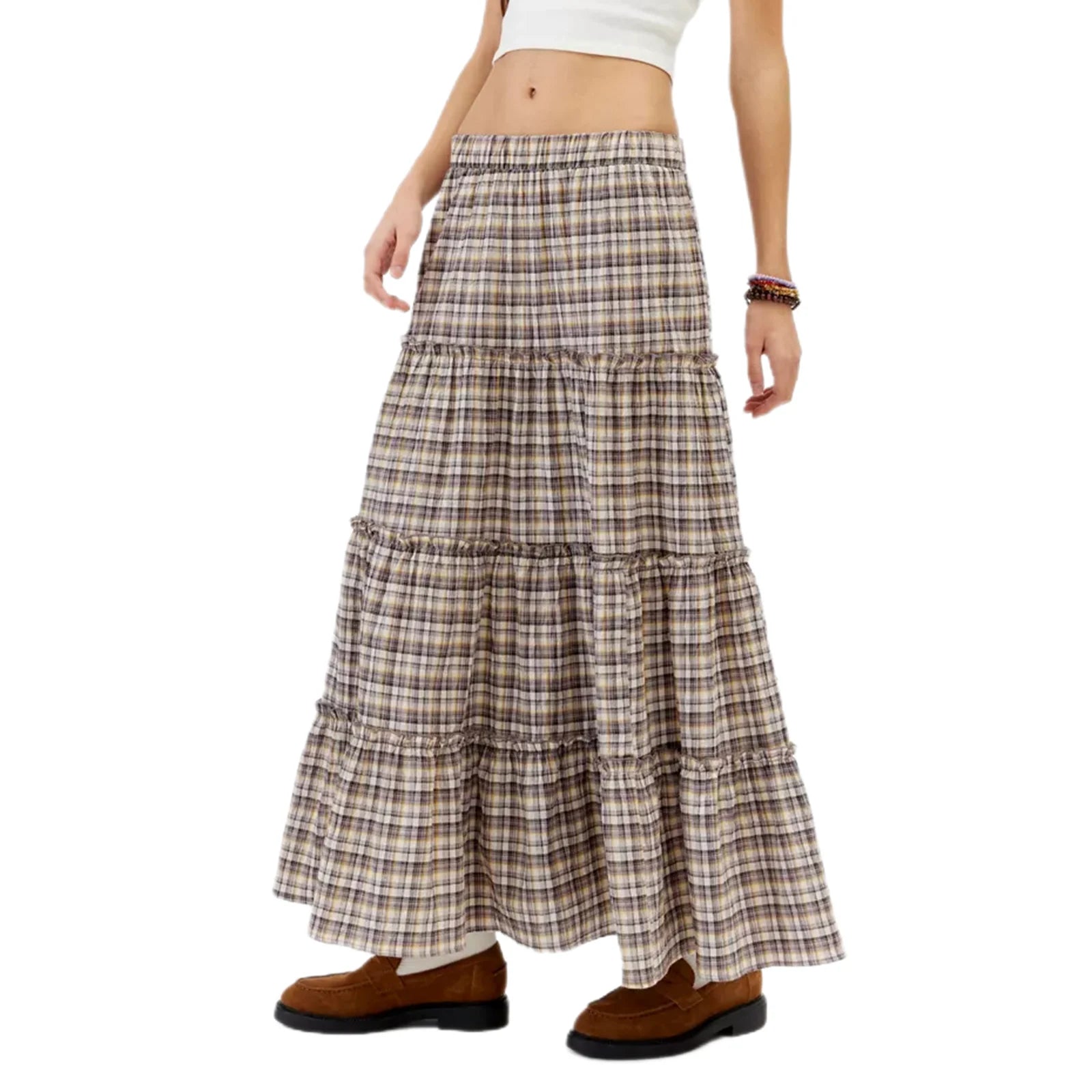 LIZAKOSHT  -  Y2k Women Gingham Tiered Maxi Skirts A Line Ruffle Plaid Midi Skirt Summer Beach Casual Loose Flowy Long Skirt