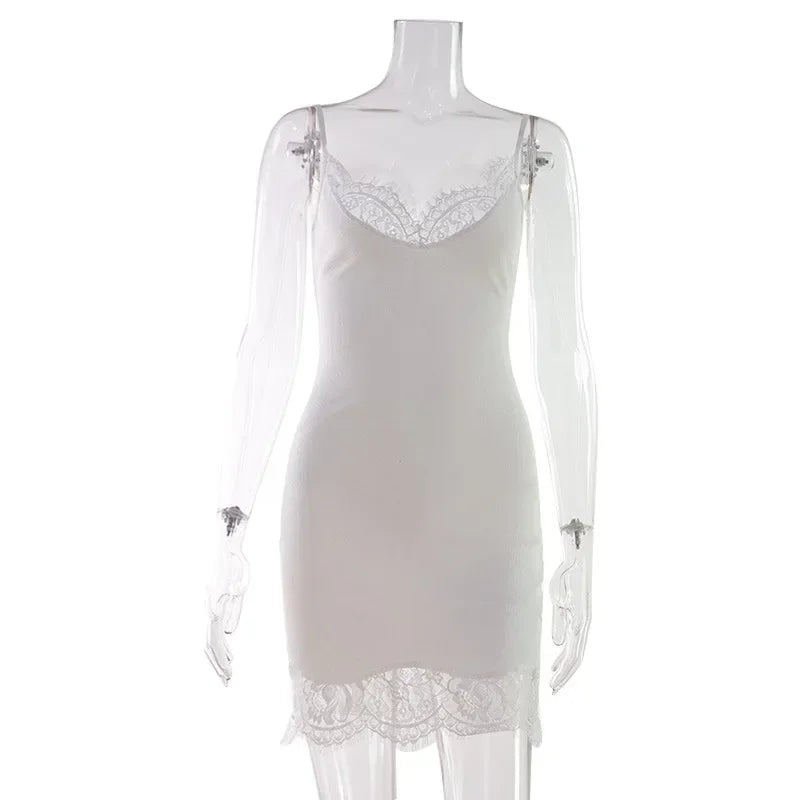LIZAKOSHT  -  Camisole Lace Trimmed Patchwork Dress Women Casual Solid Fashion Sleeveless Short Dresses Spring Lady Sexy Daily Outwear
