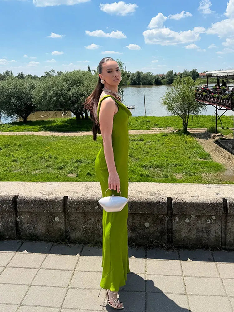 LIZAKOSHT  -  Chic Satin Slip Long Dress For Women Cowl-neck Sleeveless Side Split Hip Package Robe 2025 Summer Elegant Female Party Dresses