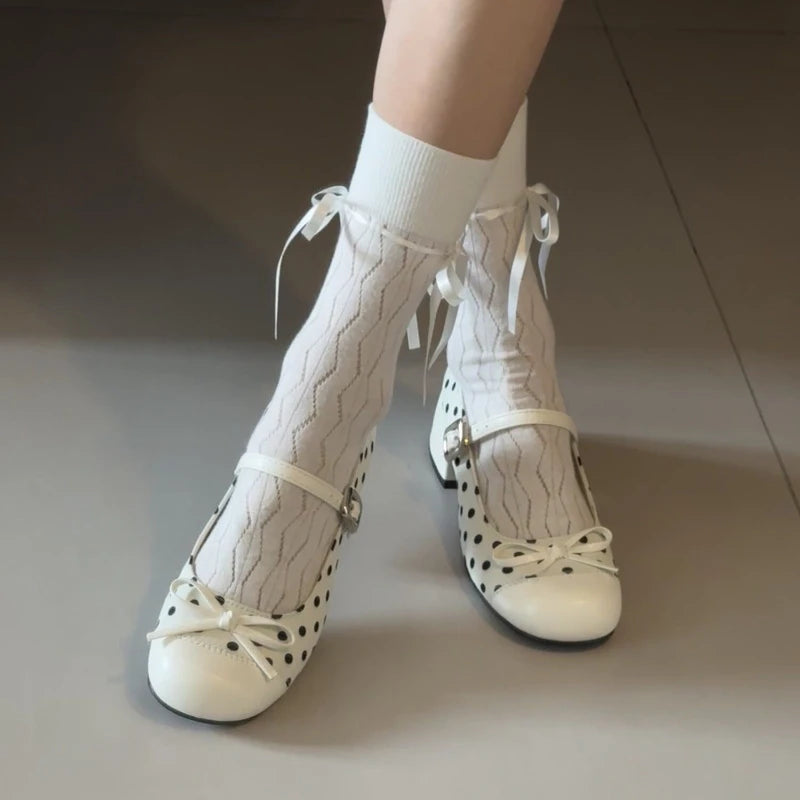 LIZAKOSHT  -  Cute Polka Dot Thick Heel Women Mary Jane Shoes Designer Buckle Strap Pumps Ladies Eelgant Butterfly-knot Dress Single Shoes