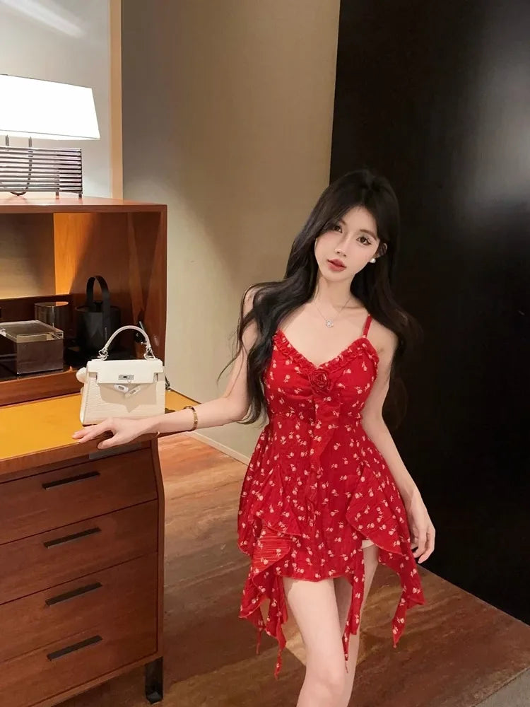 LIZAKOSHT  -  Camis Sexy Floral Printed Irregular Ruffles Slim Patchwork Flowers Vintage Summer Fashion Sweet Tank Tops Ladies Casual