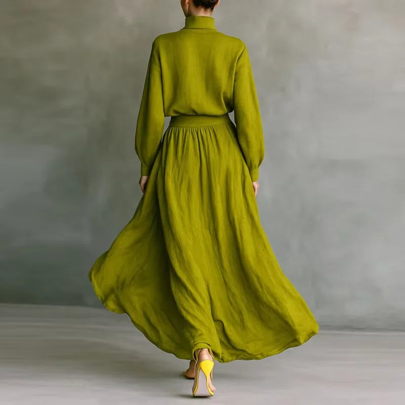 LIZAKOSHT  -  Autumn Long Sleeve Turtleneck Pullover Top +Maxi Skirts 2 Pieces Sets Retro Solid Cotton Linen Pleated Suit Fashion Woman Outfit