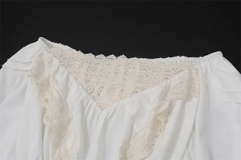 LIZAKOSHT  -  Sexy Off-Shoulder Lace Patchwork T-Shirt Top Women Lantern Sleeve Fashion Casual Solid Female T-shirt Top Streetwear