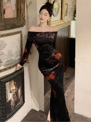 LIZAKOSHT  -  Vintage Floral Printed Slash Neck Bodycon Dress Women Sexy Elegant Long Sleeve Velvet Robe Autumn Winter Ladies Party Vestidos