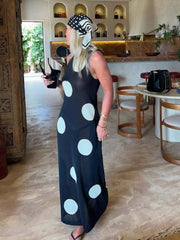 LIZAKOSHT  -  Retro Large Polka Dots Sleeveless Dress Women Chic Round Neck Off-shoulder Slim Midi Dresses Lady Holiday Street Vestidos