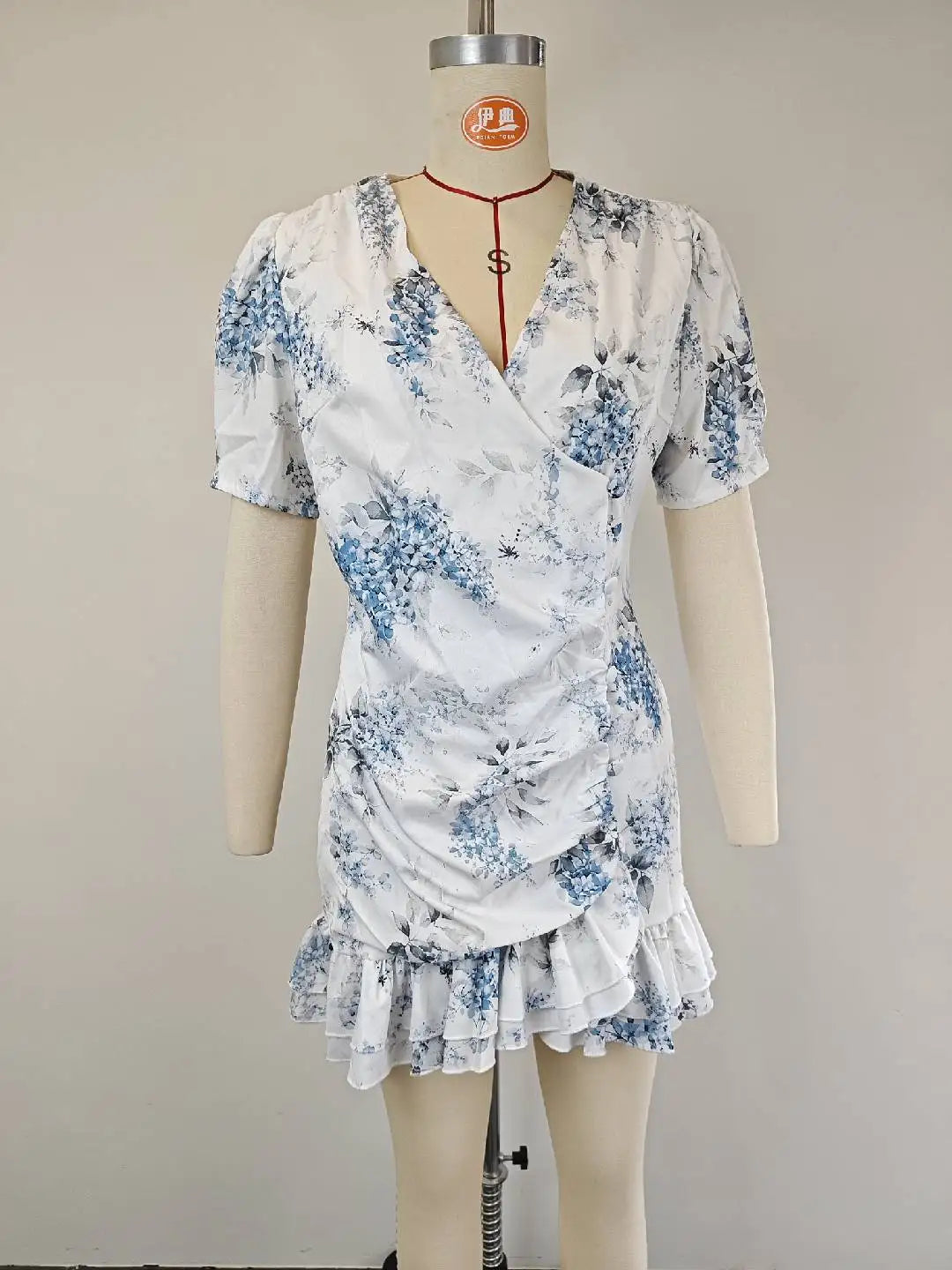 LIZAKOSHT  -  Summer Women Sexy Flora Painted Ruffle Slim Dress Chic Deep V-neck Double Layered Ruffled Hem Dresses Lady New Daily Party Gowns