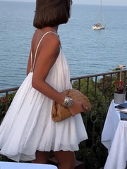 LIZAKOSHT  -  Sexy Backless White Mini Dress For Women Fashion V-neck Sleeveless Backless Sling A-line Dresses 2024 Lady Beach Vacation Robes