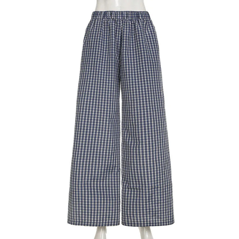 LIZAKOSHT  -  Spring New Product Simple and Personalized Waist Collection Color blocked Grid Design Wide Legs Comfortable Pants