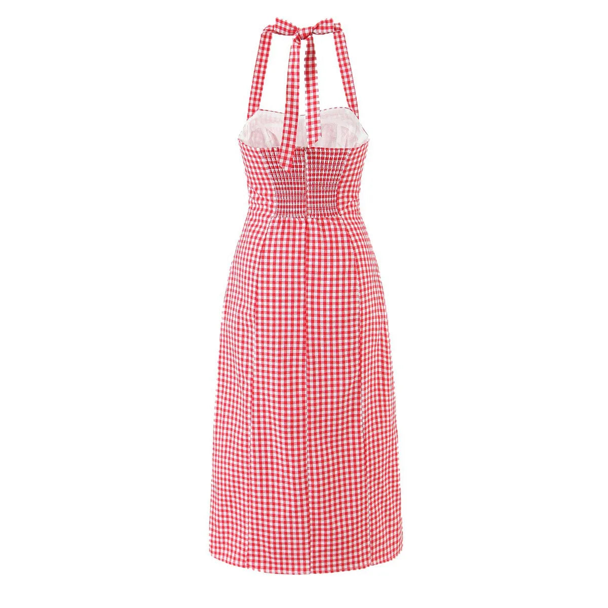 LIZAKOSHT  -  Women Sleeveless Side Slit Back Smocking  Halter Neck Tala Linen Dress Tomato Check