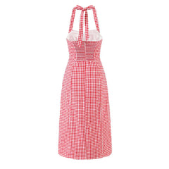 LIZAKOSHT  -  Women Sleeveless Side Slit Back Smocking  Halter Neck Tala Linen Dress Tomato Check
