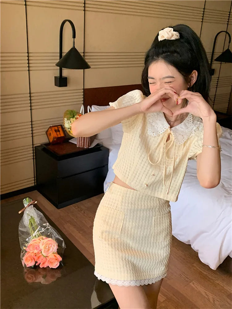 LIZAKOSHT  -  Summer Yellow Fashion 2 Piece Sets Cute Girl Short Puff Sleeve Lace Doll Collar Shirt Top&Mini Skirt 2pc Dress Suits