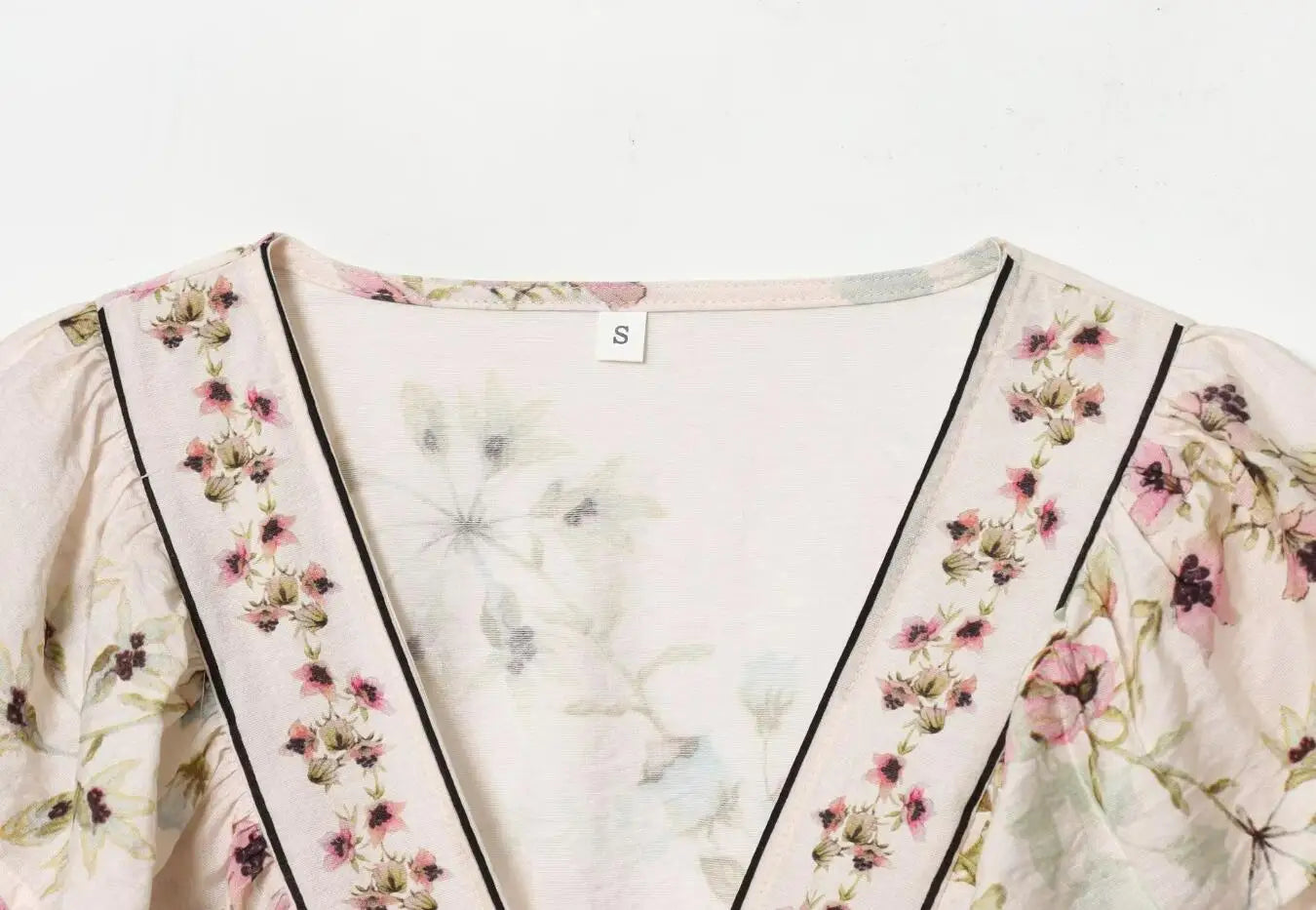 LIZAKOSHT  -  BOHO Light Pink Floral Print Tie Bow Sashes Wrap Shirt Short Women V neck Puff Sleeve Wood ears Waist Kimono Blouse Holiday Cape