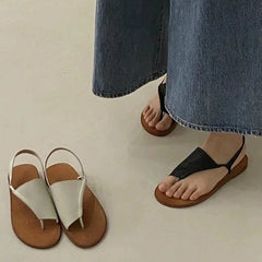 LIZAKOSHT  -  French Genuine Leather Simple Flat Bottom Toe-Over-Rromano Sandals Women Summer New Beach Casual Foot-Mouth Slippers Outdoor Wea