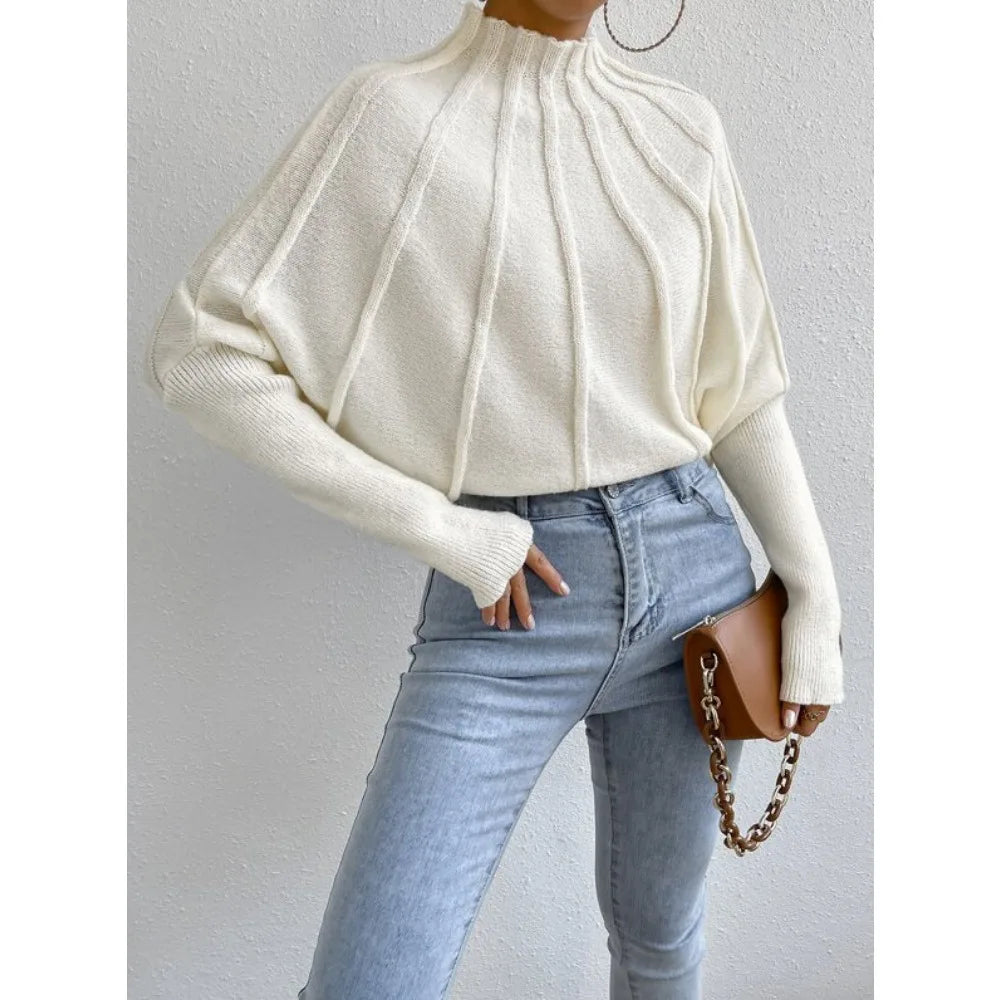 LIZAKOSHT  -  Kintted Pullover Batball Sleeve Sweater Women Solid Round Neck Long Sleeve Top New T-shirt Loose Spider Web Short Knitwear