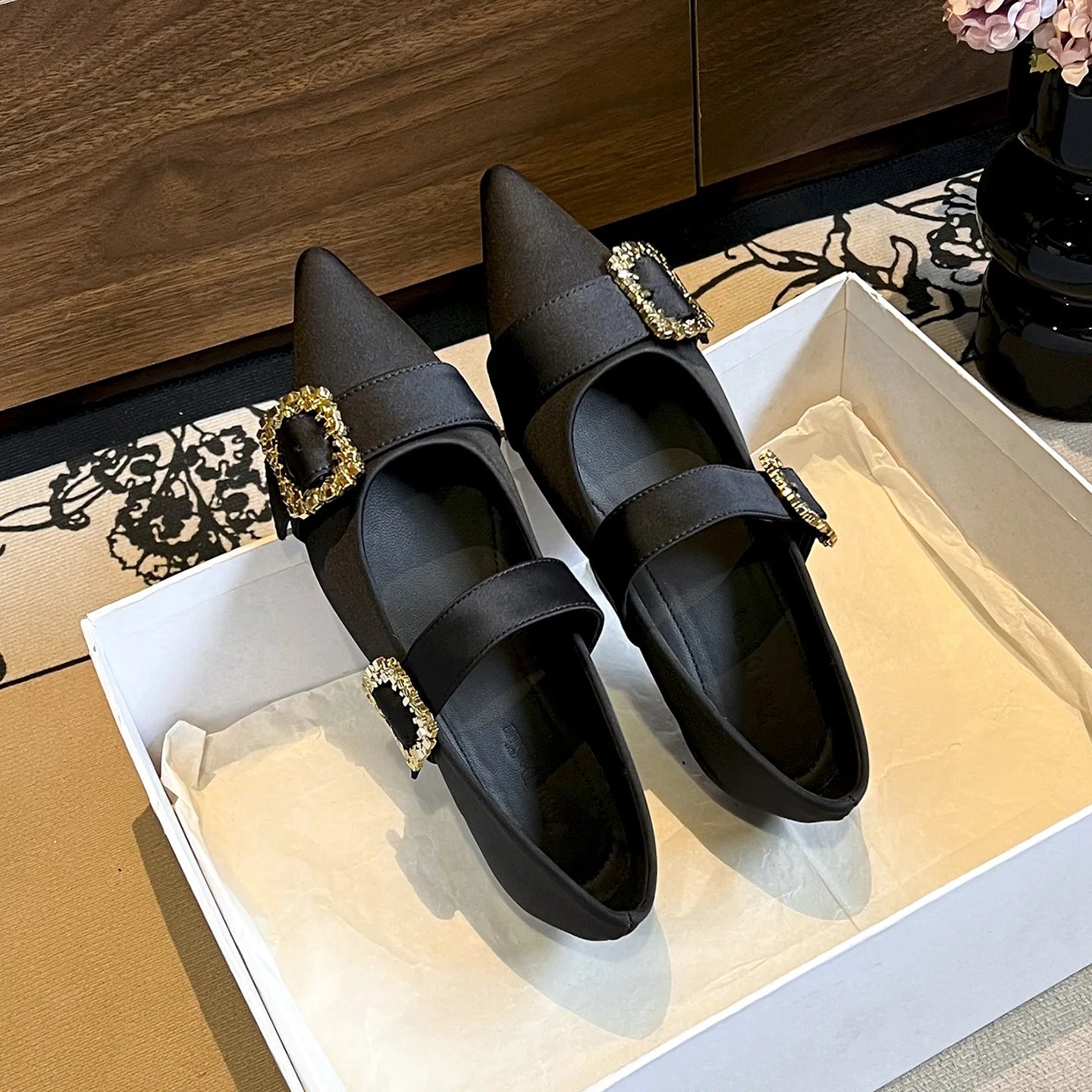 LIZAKOSHT  -  elegant ladies rhinestone buckle flats women pointed toe silk ballerina shoes low heel height increasing crystal loafers size 43