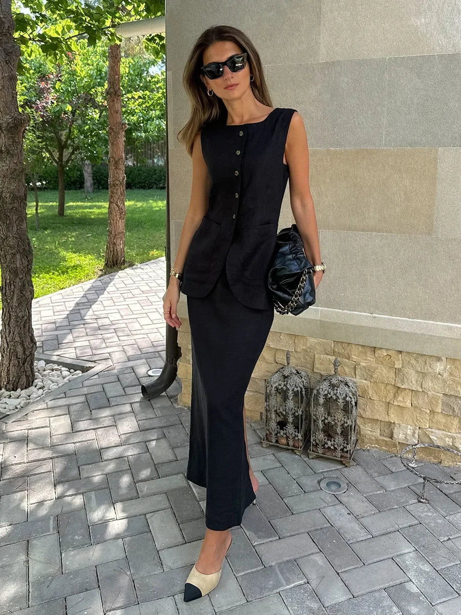 LIZAKOSHT  -  Women's Sleeveless Vest High Waisted Skirt 2-Piece Set Spring Summer New Linen Casual Suit Fashion Office Lady Vest Set